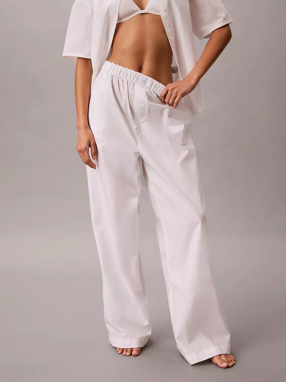 Calvin Klein White Wide-Leg 100% Cotton Pants with Elastic Waist